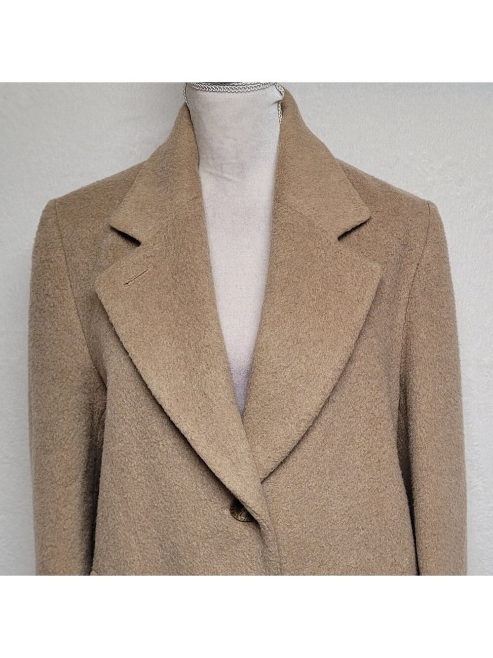 80s Vintage Jones New York Tan Pure Wool Notched Collar Longline Trench Coat XL - Picture 3 of 14